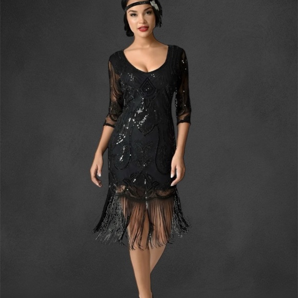 UNIQUE VINTAGE Missy 1920s Great Gatsby style Black Beaded & Sequin Fringe Dress - Picture 1 of 10